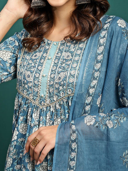 Floral Printed Gotta Patti Pure Cotton Kurta With Trousers & Dupatta