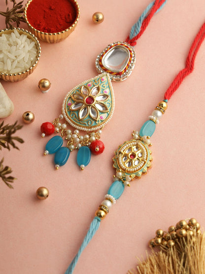 Dhiyona Bhaiya Bhabhi Kundan Studded Enameled Thread Rakhi With Roli Chawal & Greetings Card