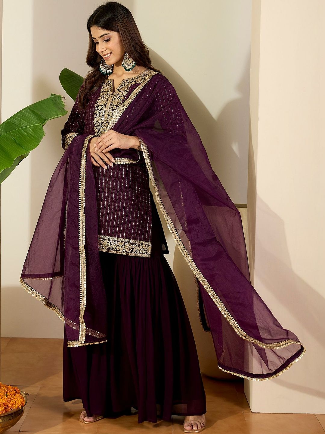 Dhiyona IN Women Ethnic Motifs Embroidered Regular Kurta with Sharara & With Dupatta