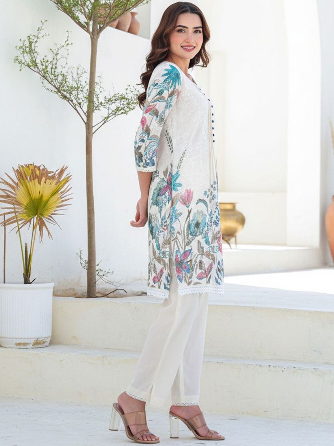 Dhiyona IE Women Floral Printed Panelled Thread Work Pure Cotton Kurta with Trousers