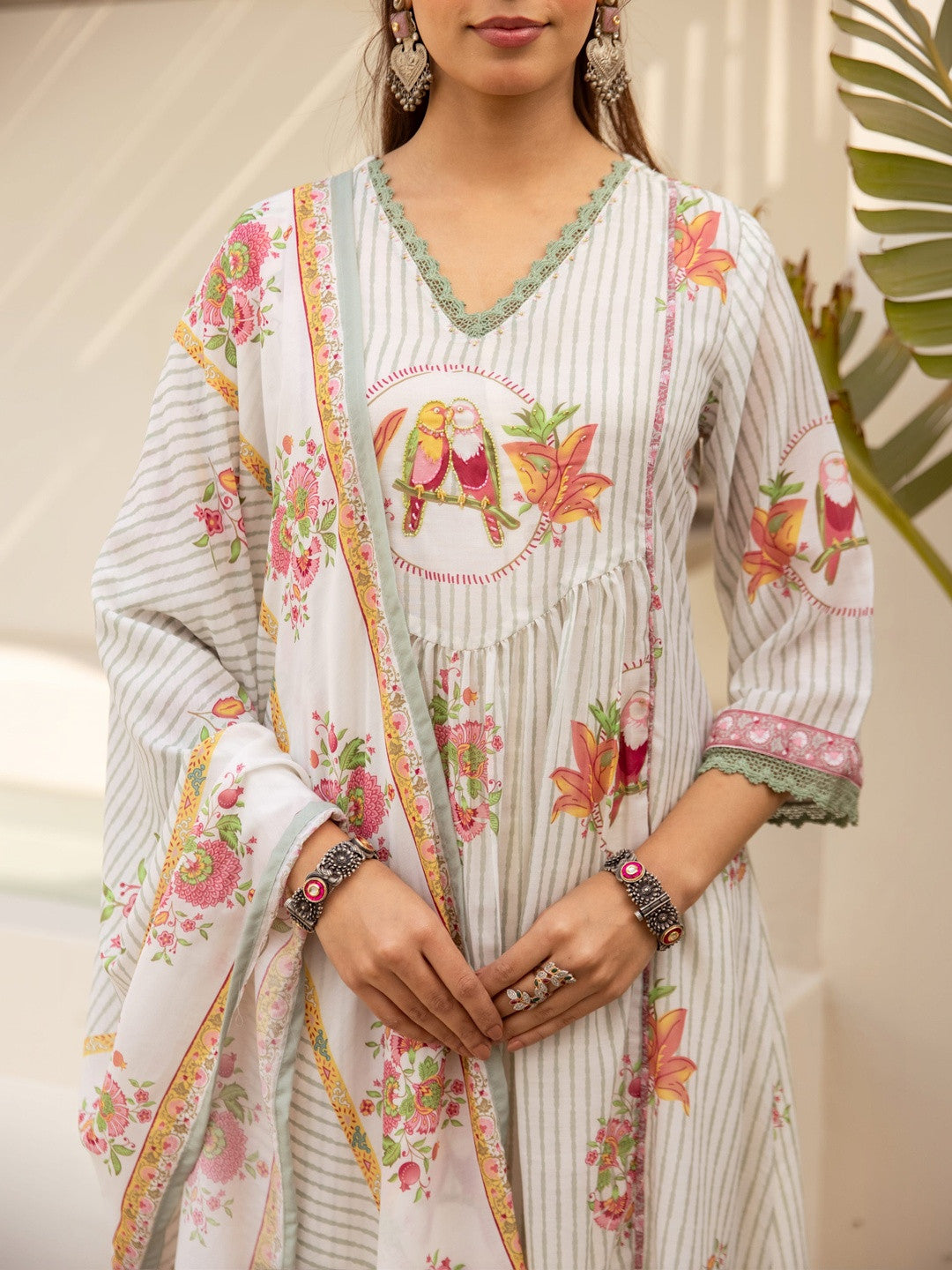 Printed V-Neck Kurta & Trousers With Dupatta