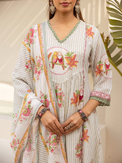 Printed V-Neck Kurta & Trousers With Dupatta
