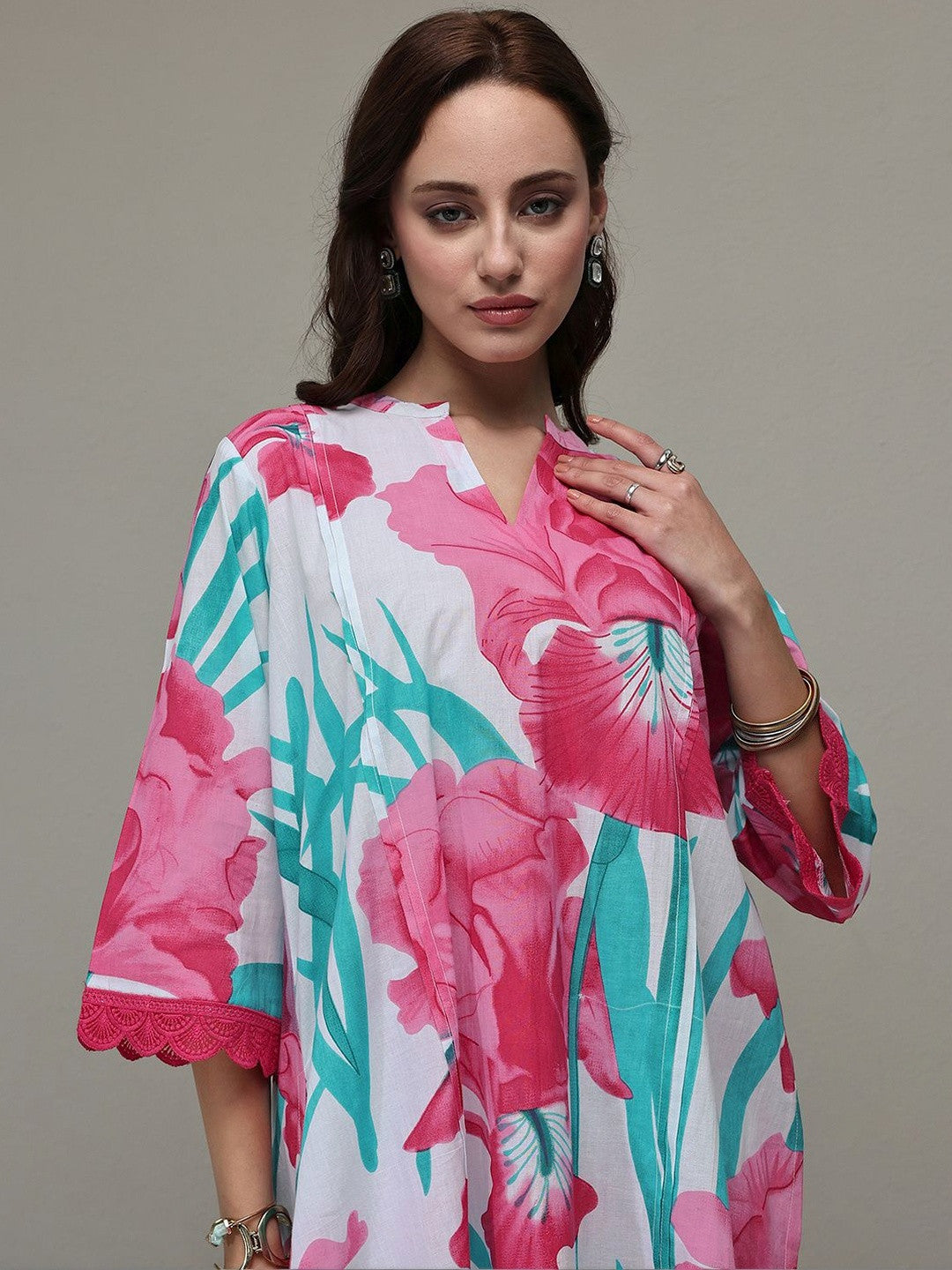 White Floral Printed Cotton Straight Kurta Set