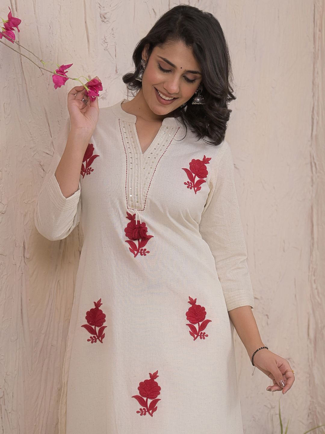 Dhiyona IE Embroidered Pure Cotton Mandarin Collar Neck Tunic With Palazzo
