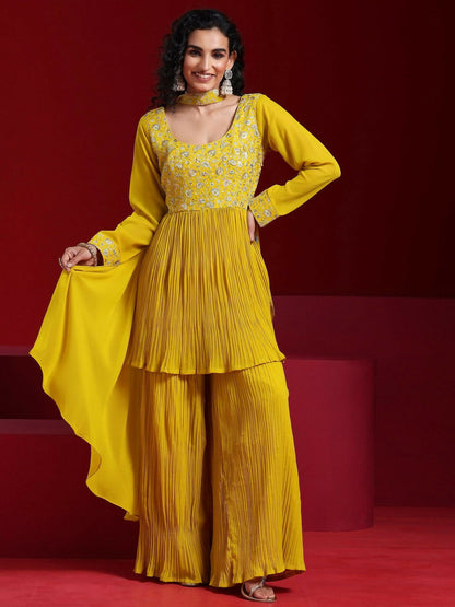 Women's LB Art Mustard Embroidered Georgette A-Line Kurta With Sharara & Dupatta