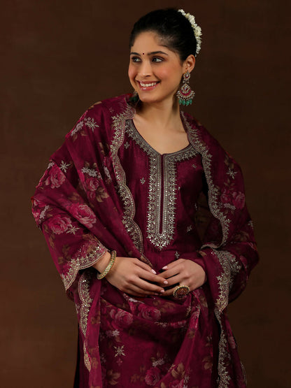 Women's LB Maroon Embroidered Silk Blend Straight Suit With Dupatta