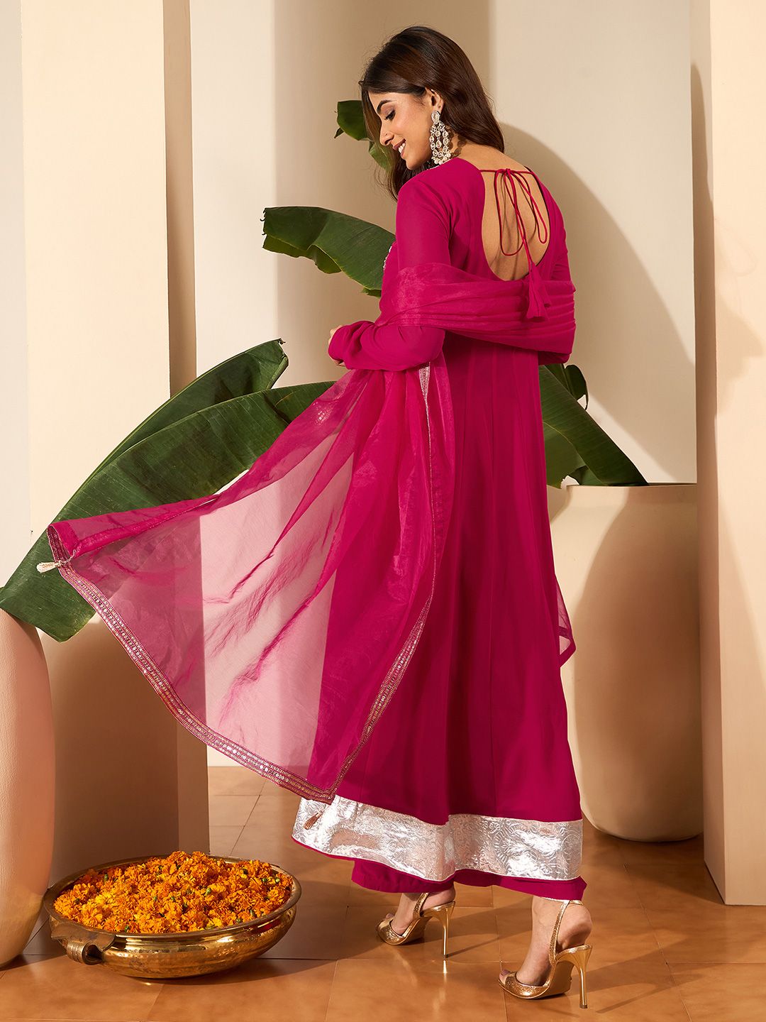 Dhiyona IN Floral Embroidered Anarkali Thread Work Kurta With Palazzos & Dupatta
