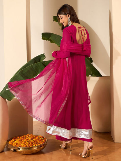 Dhiyona IN Floral Embroidered Anarkali Thread Work Kurta With Palazzos & Dupatta