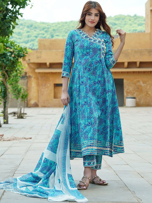 Dhiyona KL Floral Printed Angrakha Gotta Patti Pure Cotton Kurta With Trousers & Dupatta