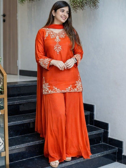 Dhiyona KL Women Ethnic Motifs Embroidered Regular Thread Work Silk Crepe Kurta with Palazzos & With Dupatta