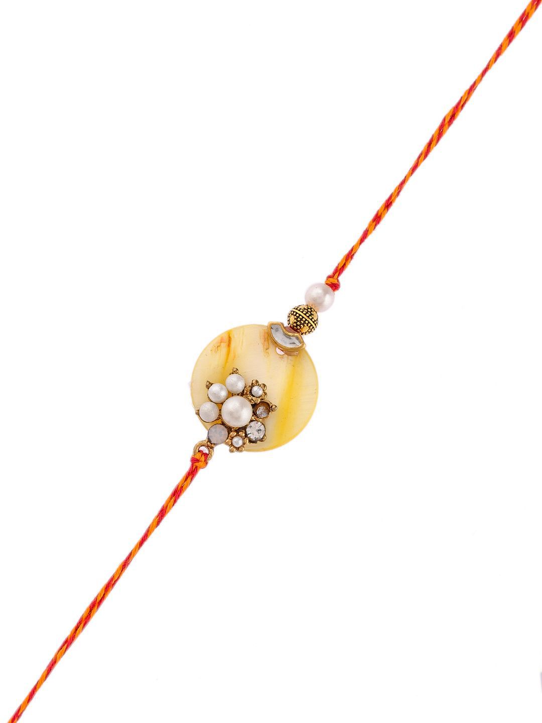 Dhiyona White Pearl-Beaded Rakhi With Roli Chawal & Greeting Card