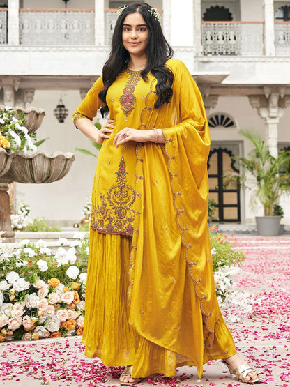 Dhiyona CH Embroidered Round Neck Chinon Sequinned Kurta With Palazzos & Dupatta