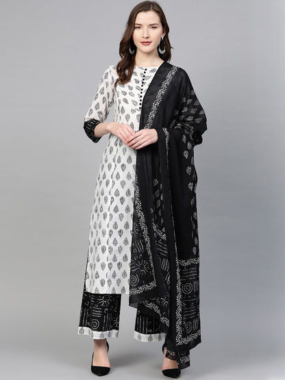 Dhiyona KL Women White Printed Cotton Blend Kurta Sets