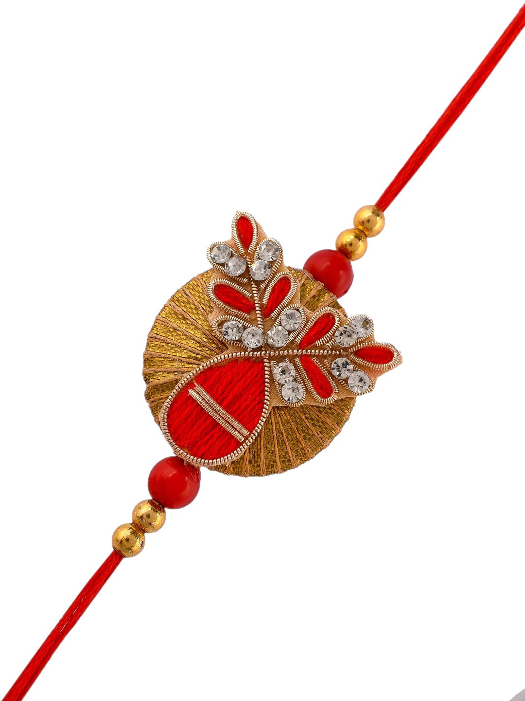 Dhiyona Red Beaded Rakhi With Roli Chawal & Greeting Card