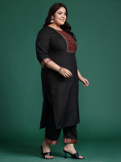 Women's Plus Size Black Yoke Design Straight Kurta Trousers With Dupatta Set