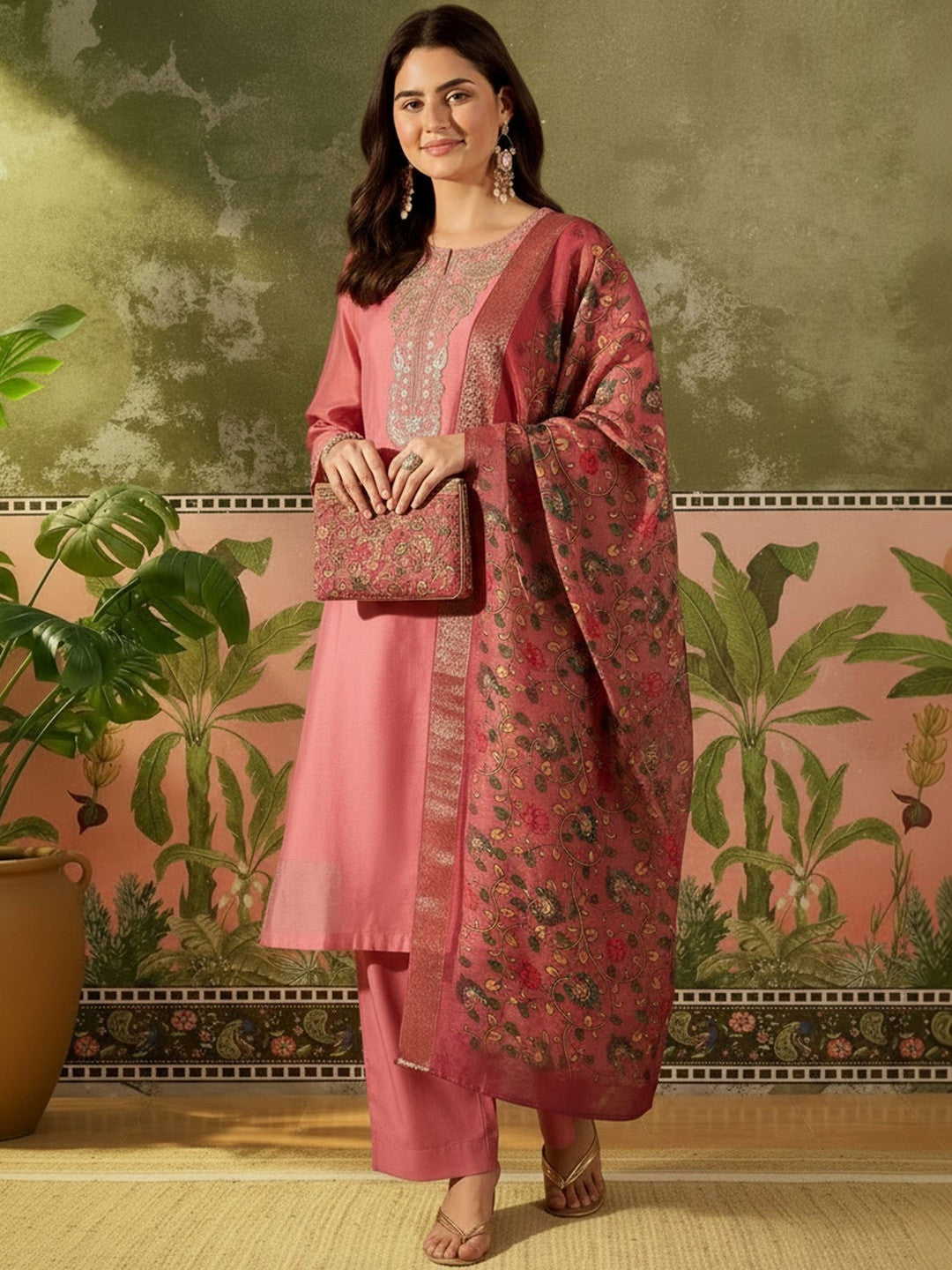 Yoke Design Round Neck Kurta & Trousers With Dupatta