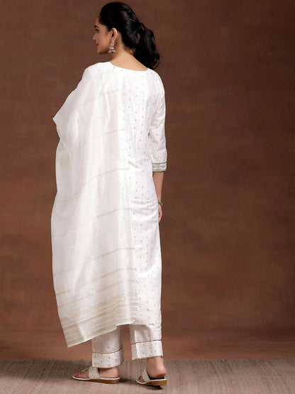 Women's LB White Yoke Design Silk Blend Straight Suit With Dupatta