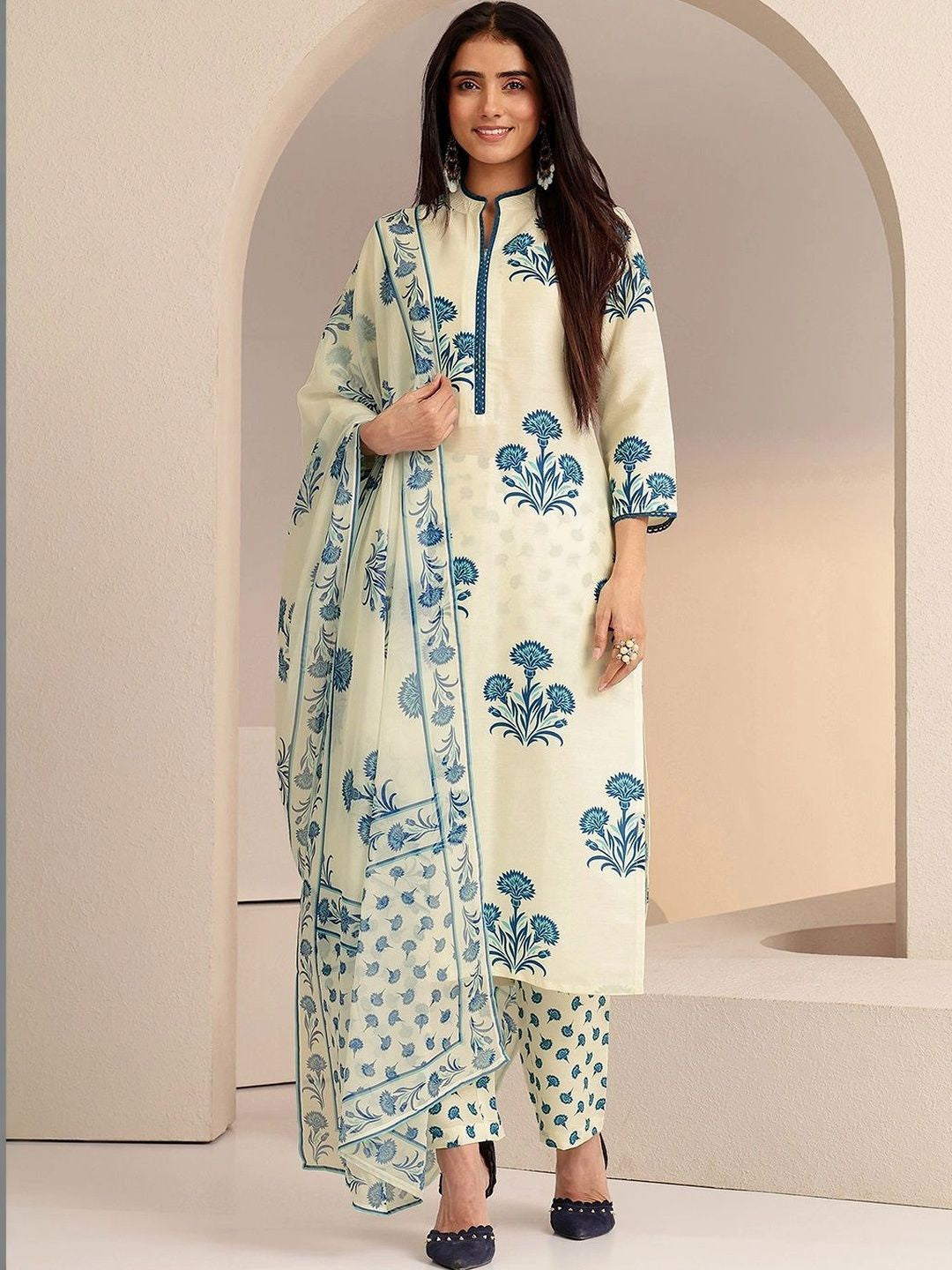 Cream Floral Printed Straight Cotton Blend Suit Set