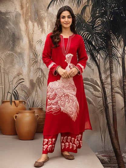 Birds Printed Notch Neck Thread Work Kurta With Palazzos