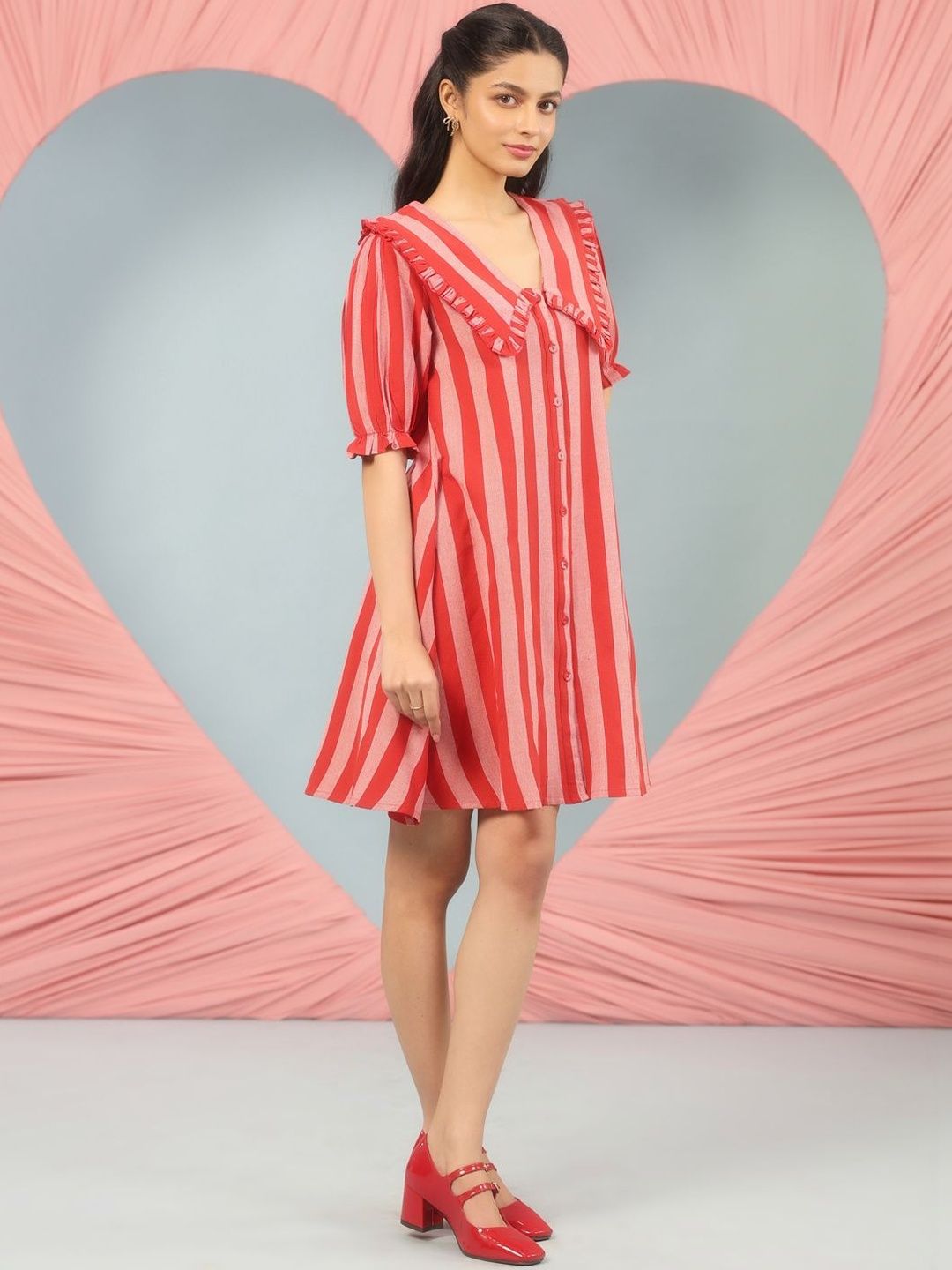 Dhiyona AY Women's Striped Puff Sleeve Ruffled A-Line Dress