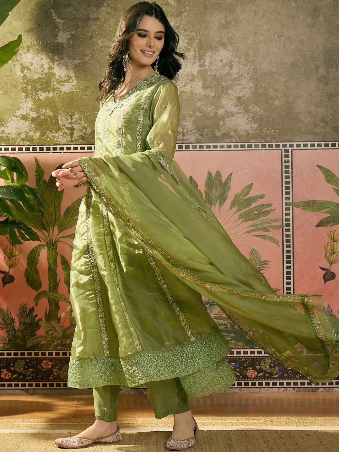 Embroidered V-Neck Kurta Trousers & Dupatta