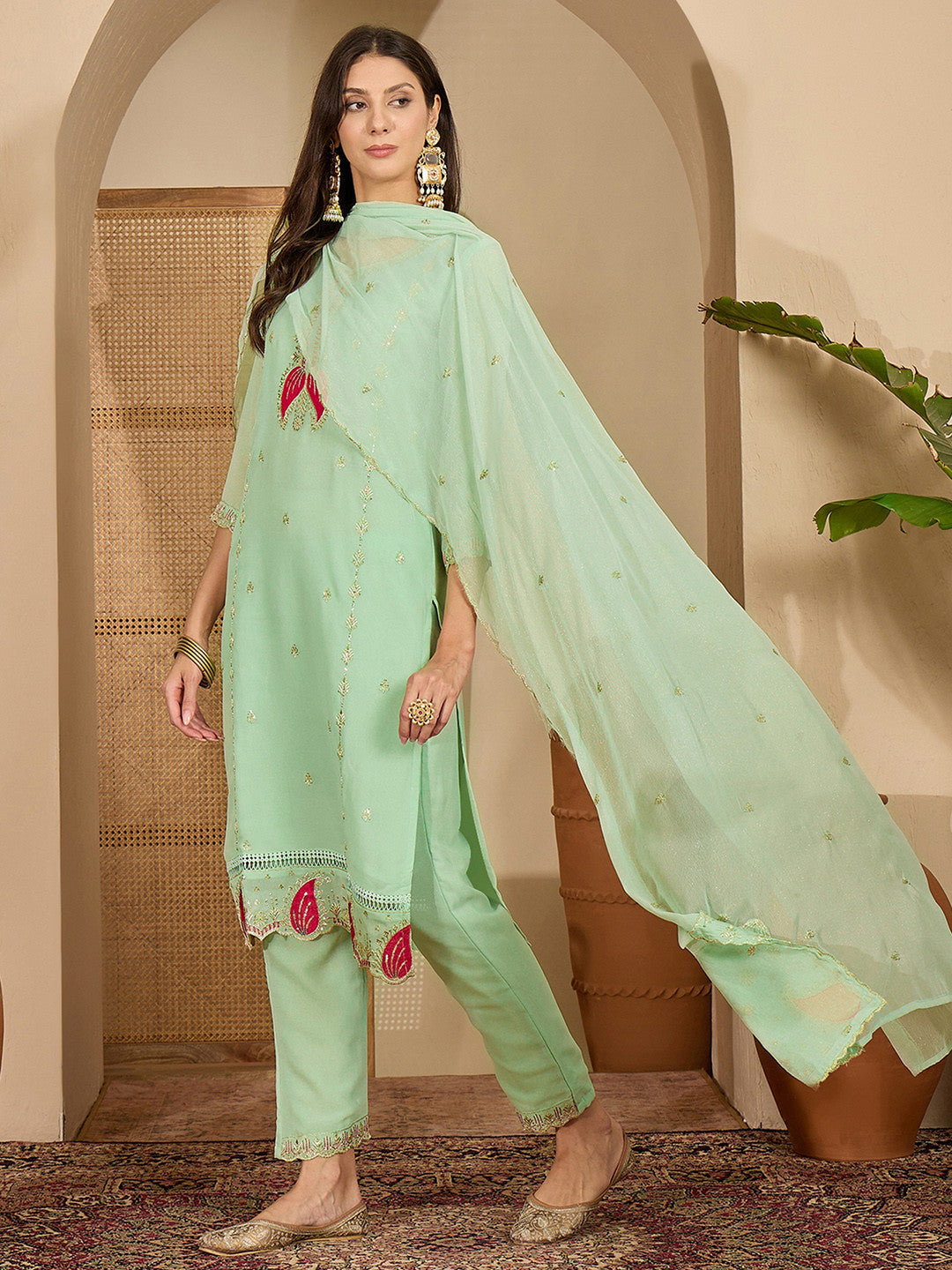 Embroidered V-Neck Kurta & Trousers With Dupatta
