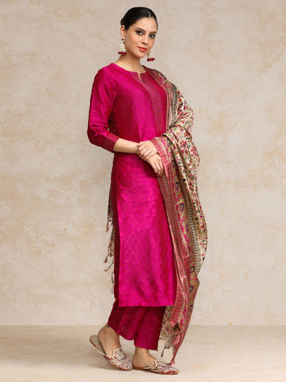 Pink Women Pink Zari Work textured Kurta with Trouser and Printed Dupatta