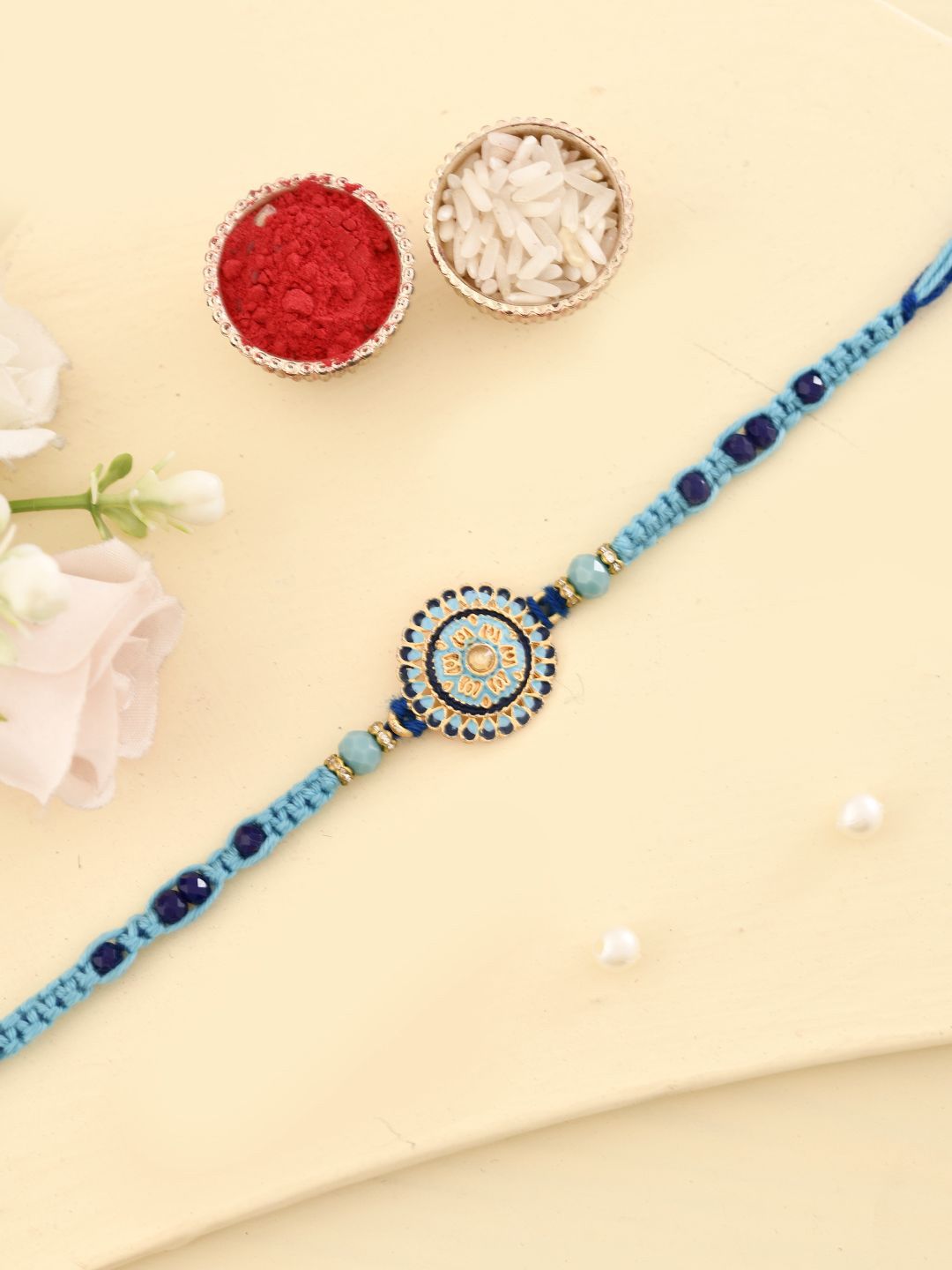 Dhiyona Enameled Beaded Thread Rakhi With Roli Chawal & Greetings Card