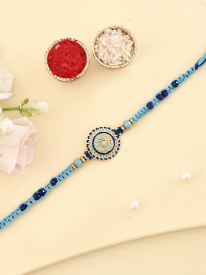 Dhiyona Enameled Beaded Thread Rakhi With Roli Chawal & Greetings Card