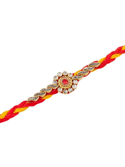 Dhiyona Men Set Of 3 Red & Yellow Kundan Studded Floral Design Thread Rakhi With Roli Chawal