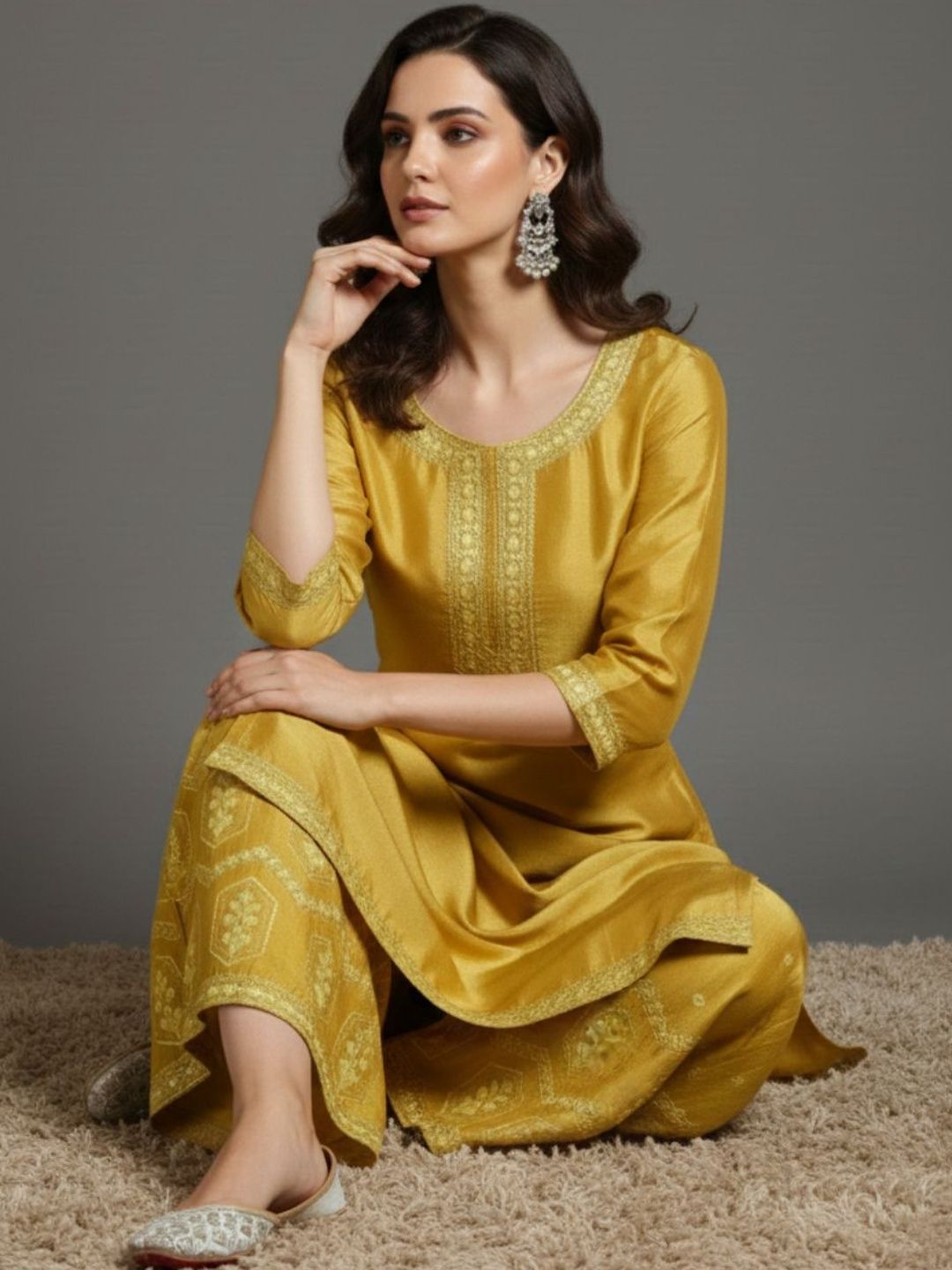Dhiyona VA Women Ethnic Motifs Embroidered Regular Thread Work Silk Crepe Kurta with Palazzos & With Dupatta