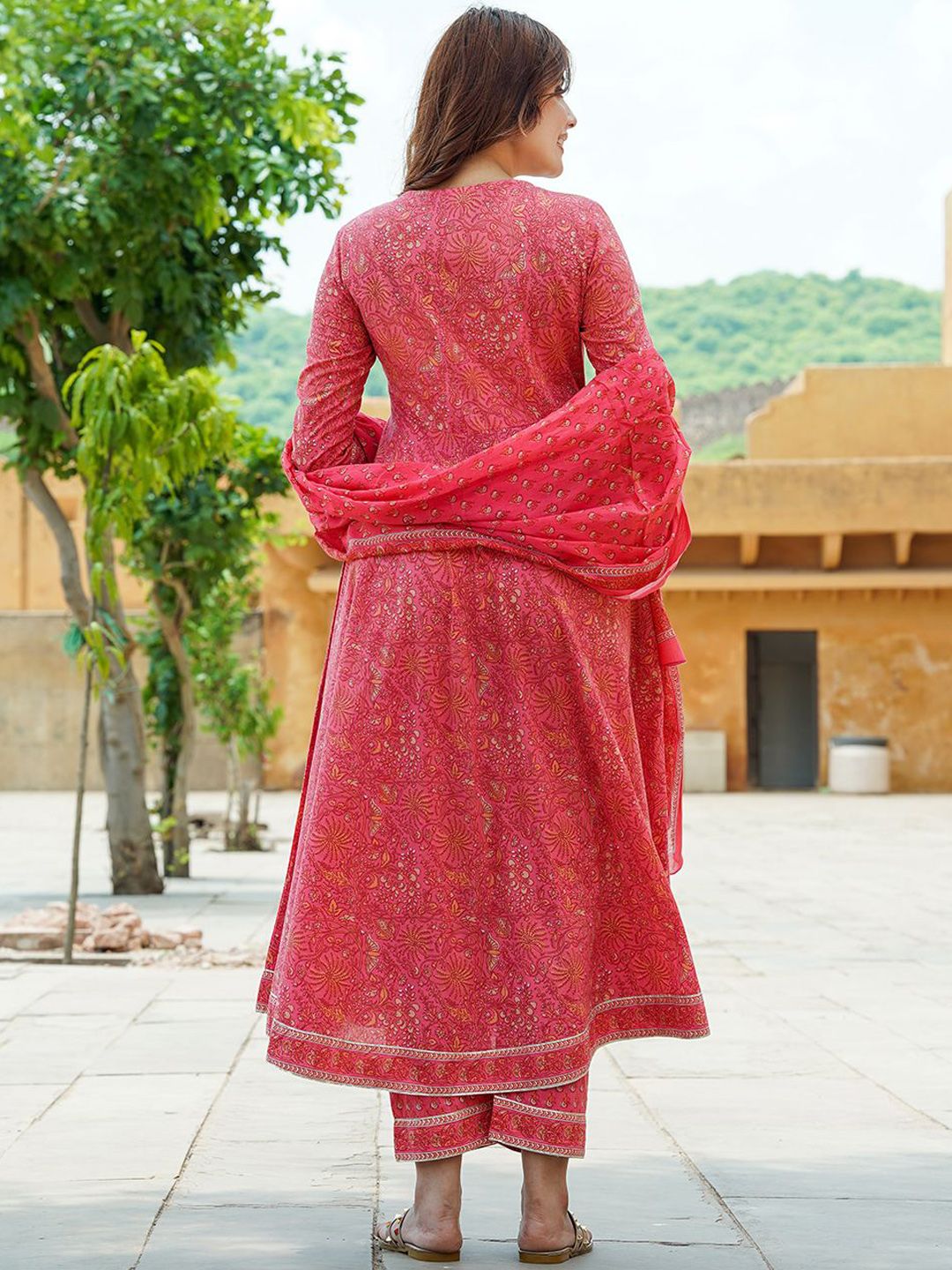 Dhiyona KL Floral Printed Regular Pure Cotton Anarkali Kurta with Trousers & Dupatta