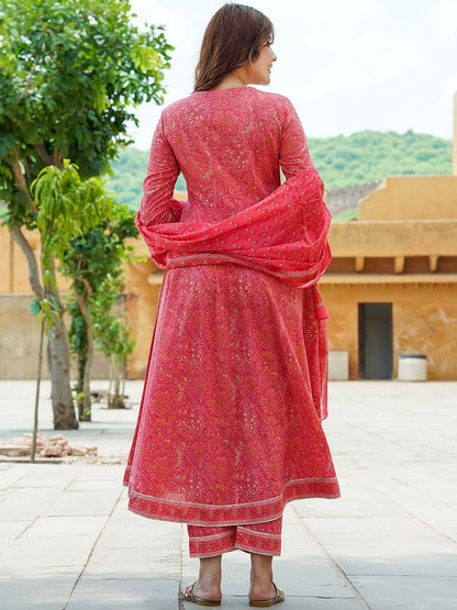 Dhiyona KL Floral Printed Regular Pure Cotton Anarkali Kurta with Trousers & Dupatta