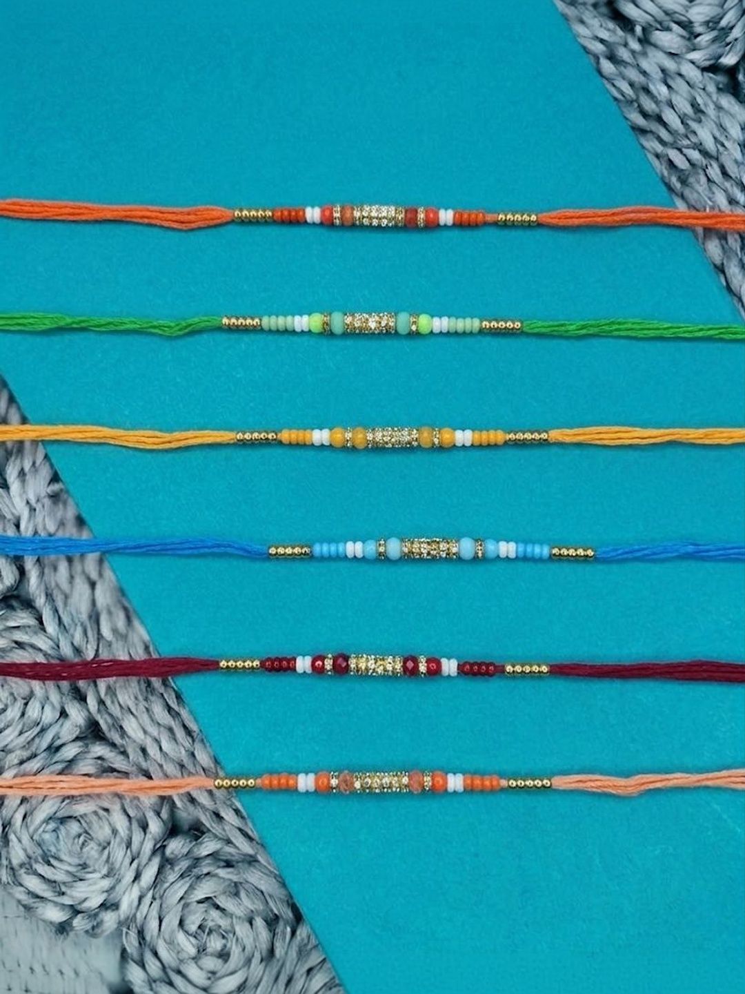 Dhiyona Set Of 6 Multi Artificial Beads Thread Rakhi With Roli Chawal Chandan Mishri