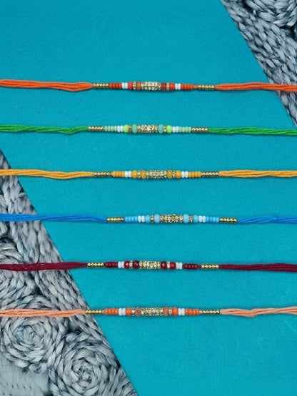 Dhiyona Set Of 6 Multi Artificial Beads Thread Rakhi With Roli Chawal Chandan Mishri