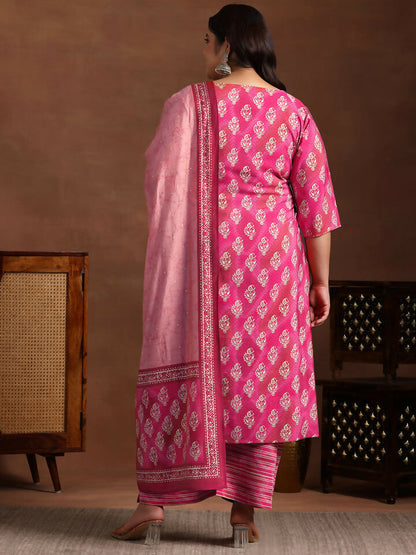 Women's LB Plus Size Pink Printed Silk Blend Straight Suit With Dupatta