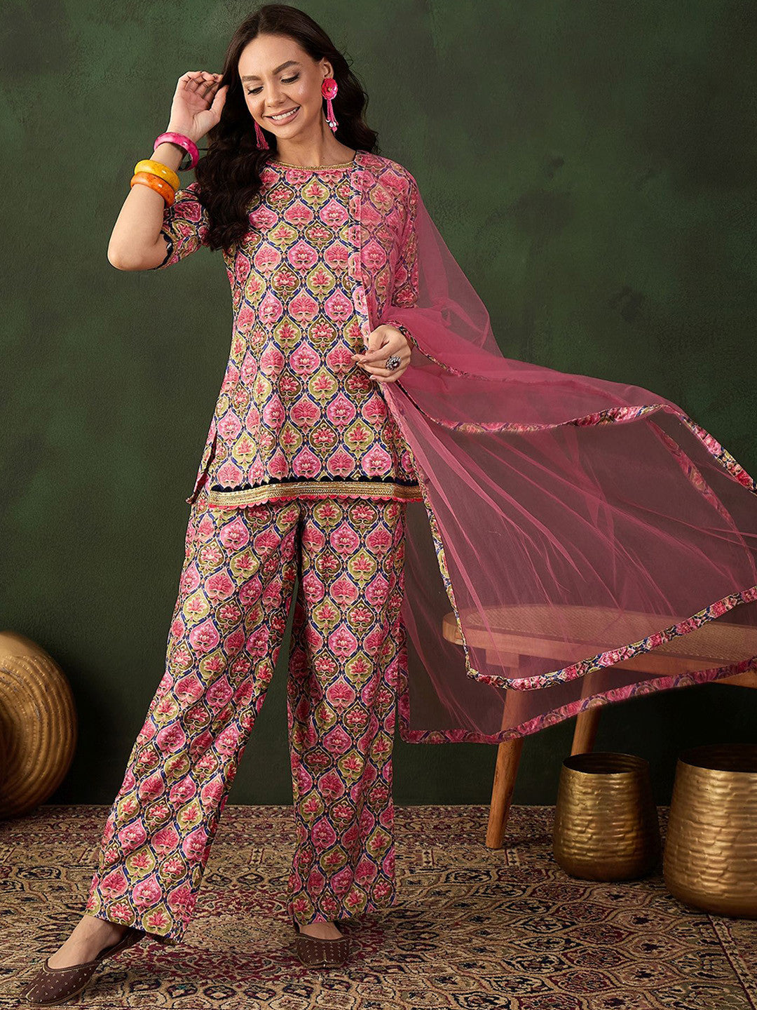 Printed Straight Kurta & Trouser With Dupatta