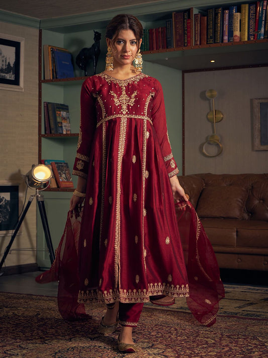 Dhiyona CH Women Embroidered Panelled Sequinned Kurta with Trousers & Dupatta