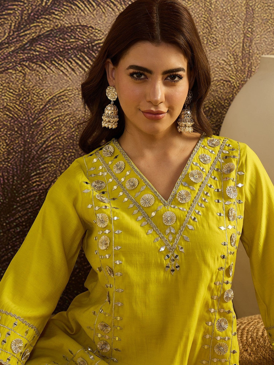 Embroidered V-Neck Kurta & Trousers Kurta Set