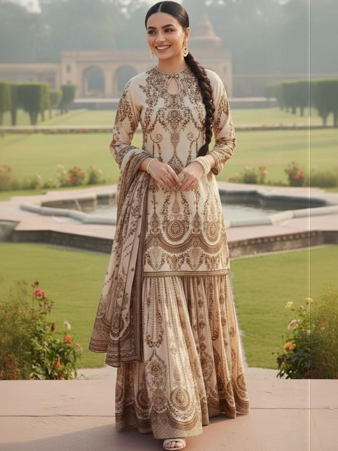 Dhiyona AN Floral Printed Keyhole Neck Straight Cotton Silk Kurta With Sharara & Dupatta