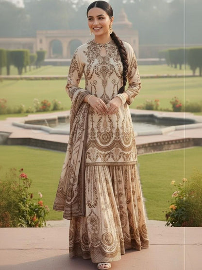 Dhiyona AN Floral Printed Keyhole Neck Straight Cotton Silk Kurta With Sharara & Dupatta