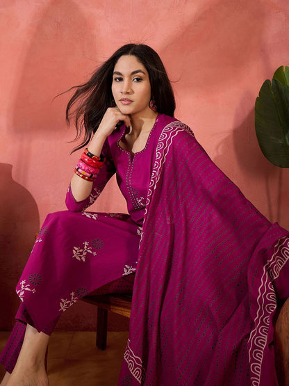 Dhiyona SN Women's Floral Printed Pure Cotton Kurta & Trousers With Dupatta