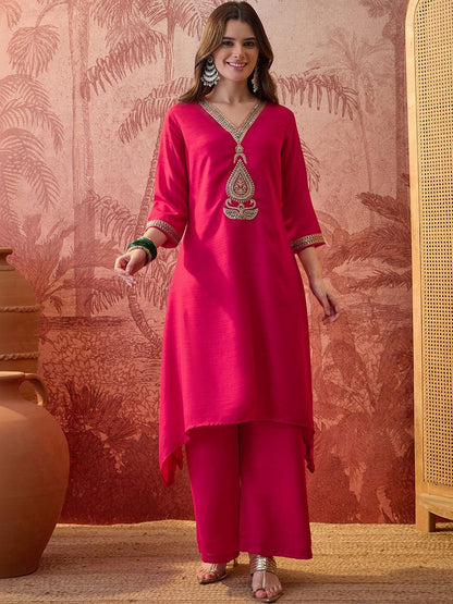 Embroidered V-Neck Kurta & Palazzos Kurta Set