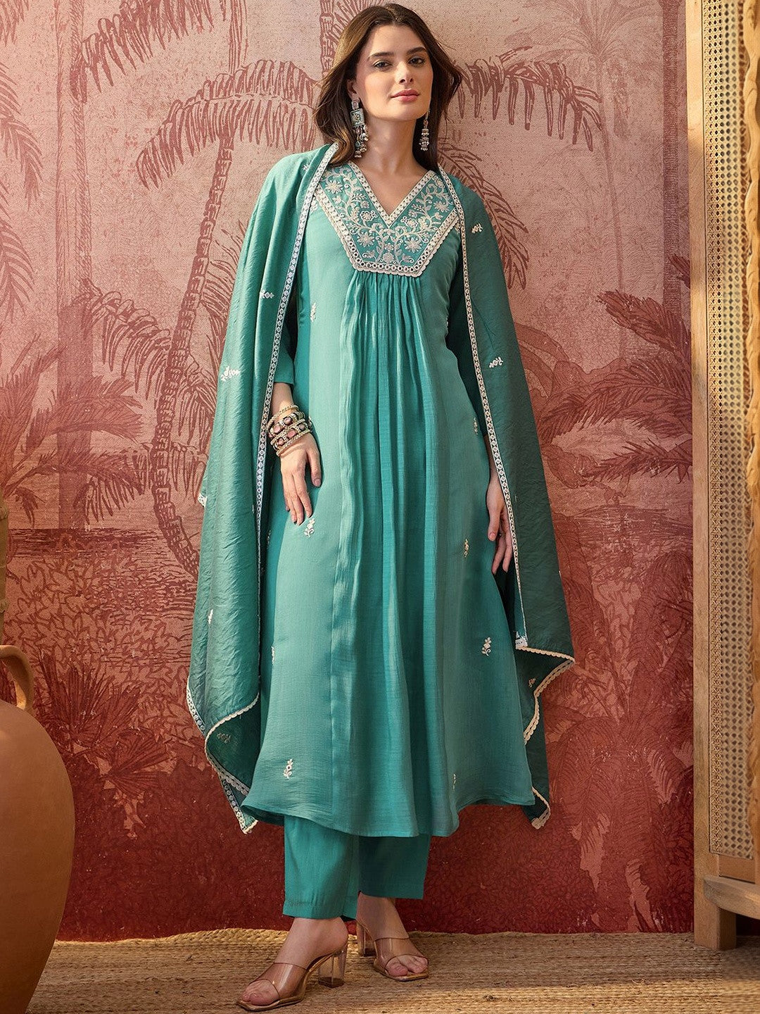 Embroidered V-Neck A-Line Kurta & Trousers With Dupatta