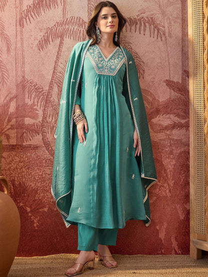 Embroidered V-Neck A-Line Kurta & Trousers With Dupatta