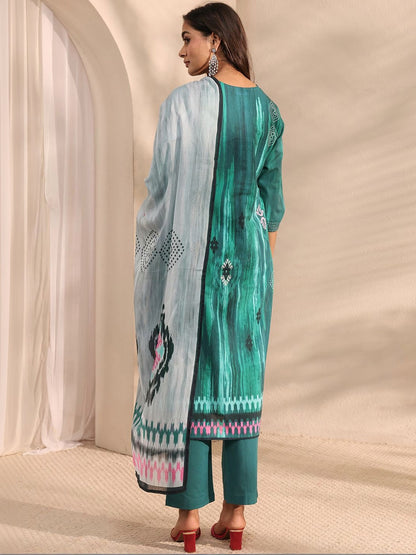 Green Abstract Printed Straight Suit Set with Dupatta