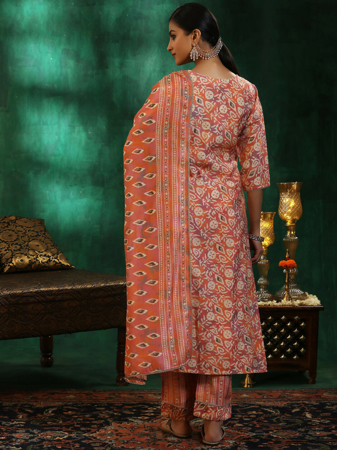 Women's LB Peach Printed Silk Blend Straight Suit With Dupatta