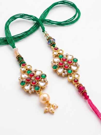 Dhiyona Set Of 2 Floral Design Kundan Studded Bhaiya Bhabhi Rakhi With Roli Chawal Chandan