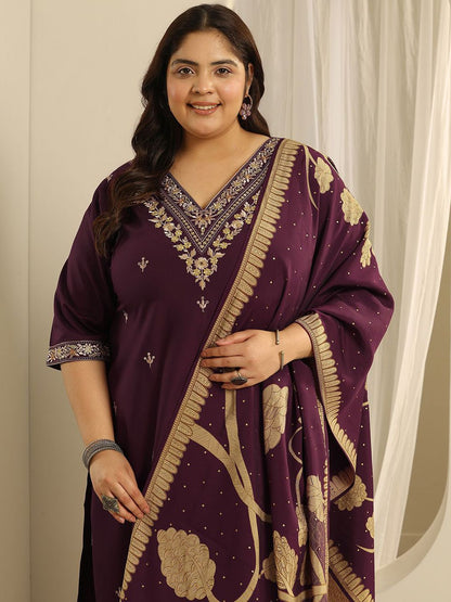 Dhiyona Women's Plus Size Ethnic Motifs Embroidered Kurta with Salwar & Dupatta
