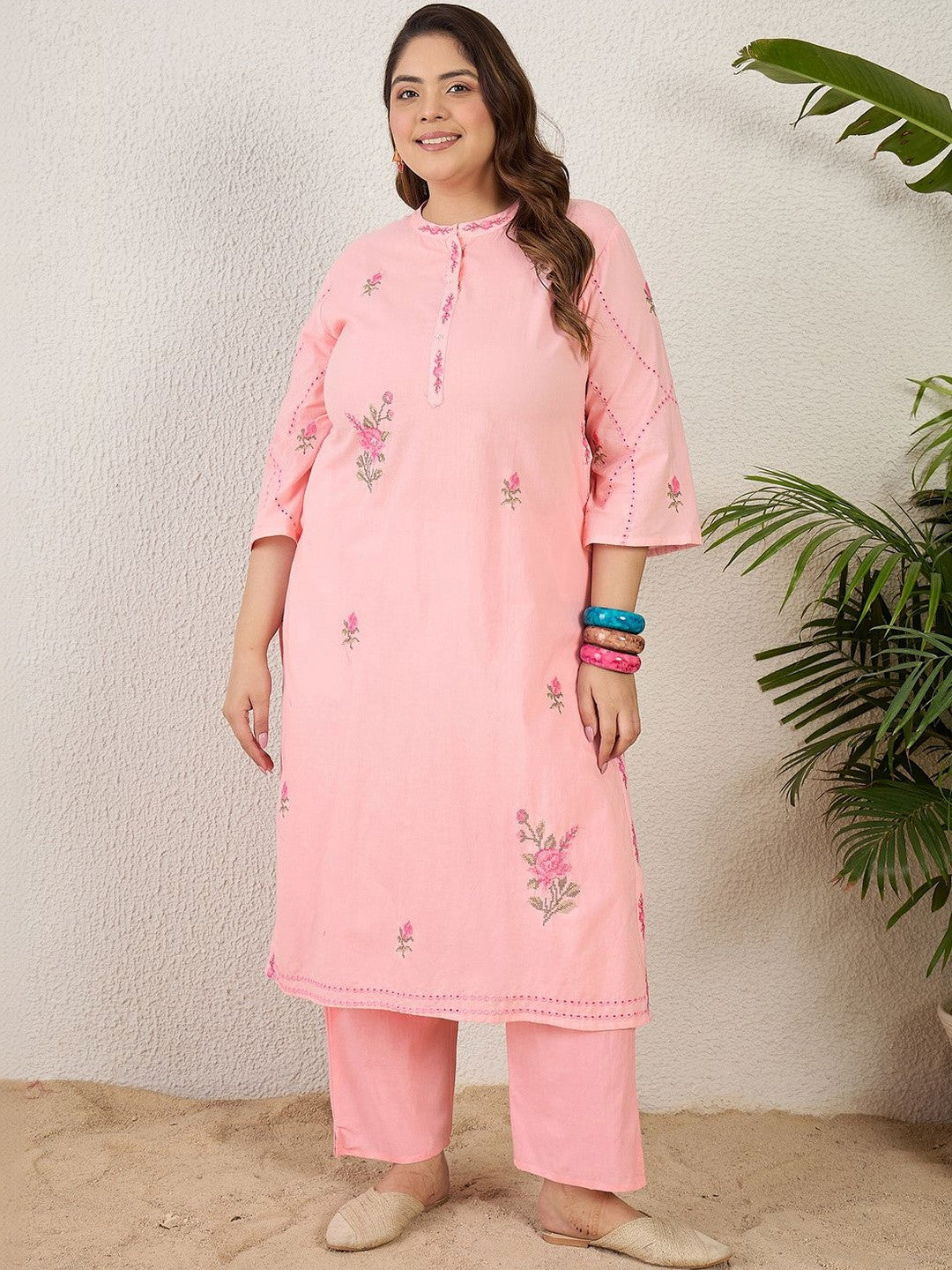 Plus Size Floral Embroidered Regular Thread Work Pure Cotton Kurta with Trousers